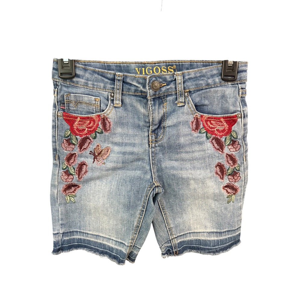 Vigoss Girls Blue Denim Embroidered Floral Butterfly Bermuda Shorts Size 12